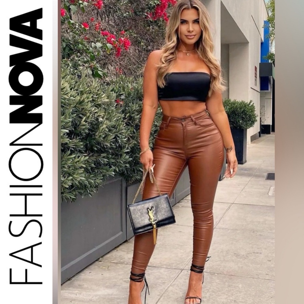 Fashion Nova Brown High-Waist Faux Leather Skinny Jumpsuit Pants